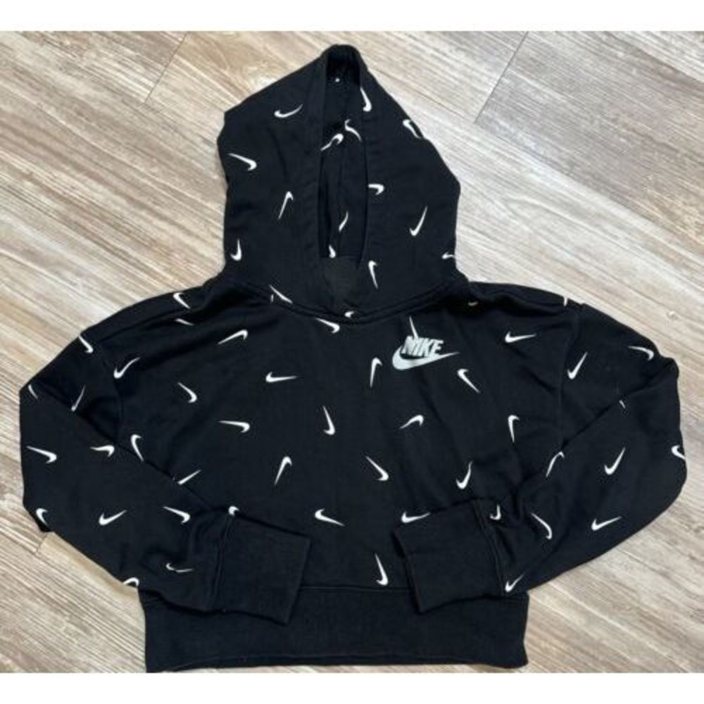 Nike Girls' Printed Crop‎ French Terry Hoodie Sweatshirt Black White L